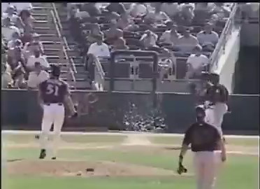 In a freak accident at Tucson Electric Park, Arizona, during the 7th inning of a spring training game against the San Francisco Giants, Arizona Diamondbacks pitcher Randy Johnson throws a pitch that hits and destroys a dove midair, in an explosion of feathers. The incident is widely videotaped and distributed.