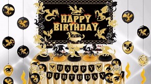 Dragon Birthday Party Decoration Black Gold Dragon Knight Party Supplies with Birthday Banner Backdrop Honeycomb Topper Hanging Swirls Balloons for Kids Dinosaur Decor (Black)