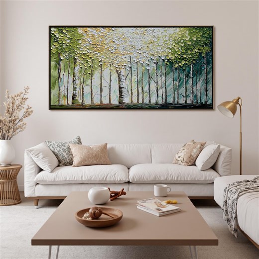 Original Birch Tree Oil Painting, Large 3D Textured Forest Wall Art, Abstract Landscape Canvas Decor, Modern Green Nature Artwork For Home