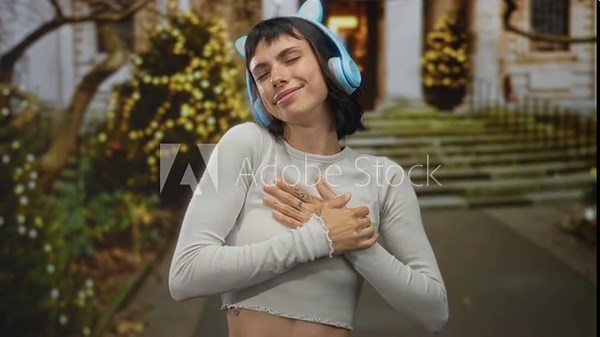 Woman wearing cat ear headphones stretches arms and tilts head back on street with stone building behind her; serenity.