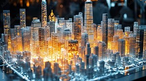 Cityscape Miniature: A detailed miniature model of a vibrant city, bathed in warm, golden light, evokes a sense of wonder and progress.