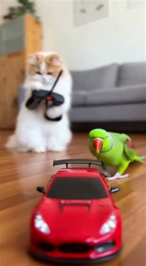 Persian Cat vs Parrot – Hilarious Remote Car Battle! 🐱🦜🚗 #parrottv #parrotshorts