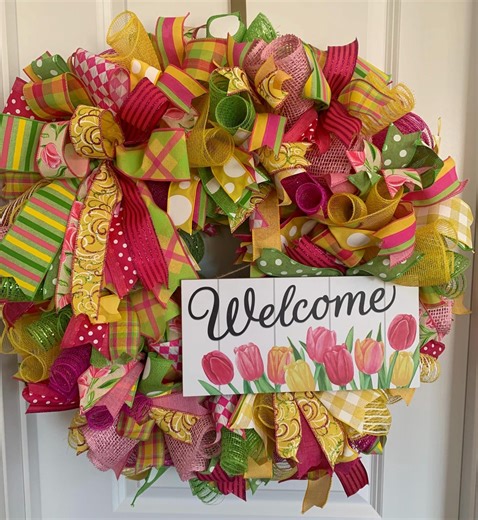 Tulip Welcome Wreath: Multicolor Ribbon Mesh, Spring Summer Decor Approximately 26” Diameter. - Etsy