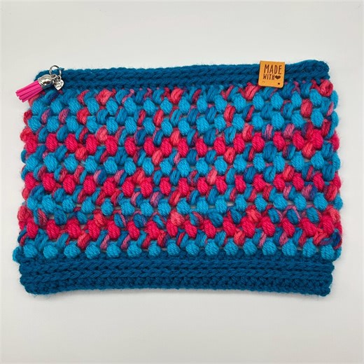 Blue & Pink Colorful Bean Stitch Cosmetic Pencil Pouch Makeup Bag 9x7" Handmade - Etsy