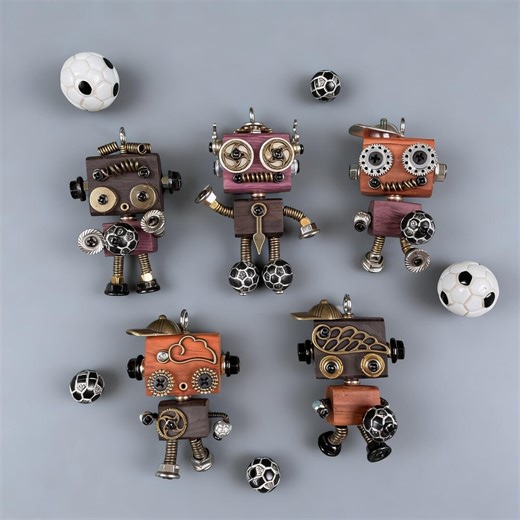 Handmade Punk Robot Keychain: Soccer Theme Wood Metal Charm Bag Accessory - Etsy