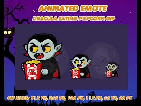 Animated emoji: Dracula eating popcorn (GIF)