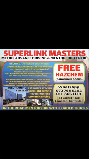 Take advantage of our SUMMER SPECIAL !!! and become a Professional Truck Driver. Join us at Metrix Academy for Advance Superlink Training, 2 weeks practical training, 1 week theory lessons. Train on the road with loaded trucks, learn reverse and driving skills. We don't count hours or days. Train until you are perfect !! DO NOT MISS OUT !! 0118661118 WhatsApp : 0727685202 | Metrix Academy