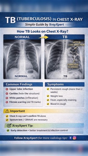 Normal X-ray: Clear lung fields❌ TB X-ray: Opacities, cavities, fibrosis #ctbiopsy #haematopathology