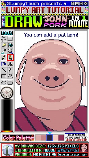 Lumpy on Instagram: "Draw John Pork! 1 MINUTE Art Tutorial! #animals #johnpork #drawing #art #gaming #memes #retro #game #games #lumpytouch #pixelart #sprites #tutorial #instaart #drawings #digitalart #johnporkedit #pig"