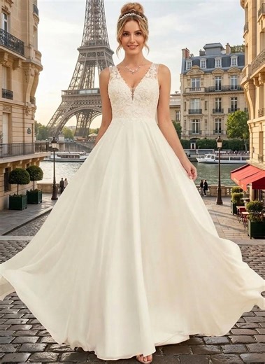 Custom Made Lace Chiffon Wedding Dress - V Neck A Line Bridal Gown - Made to Order Wedding Dress - Elegant Sweep Train Gown - Custom Size - Etsy