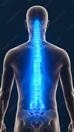 Human spine glowing blue anatomical illustration digital rendering of vertebral column. Medical research, health science aided by backbone structure posterior view, crucial biology diagnostics