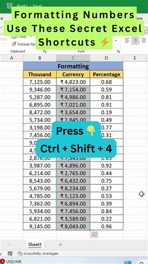 Excel Number Format Shortcut Keys You Must Know ⚡ #excelshorts #shortsviral #exceltips #shortvideo