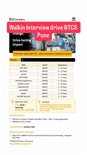 Sridhar Gajulapalli on Instagram: "TCS invites Tech professionals for a Walk-in Interview Drive at TCS Pune! Redefine your career with us and make #TheBigMove. Date of Interview: 7th February 2026 Registration time: 9.00 AM to 1.00 PM Mode of interview: In person / Walk in Drive Venue: TCS Zone 3 and Auditorium, Sahyadri Park 1, Tata Consultancy Services, Gate 1, Hinjewadi Phase 3, Pune-411057 Location SPOC: Jasmine Nair Eligibility Criteria: •Minimum 15 years of regular education (10th + 12th +