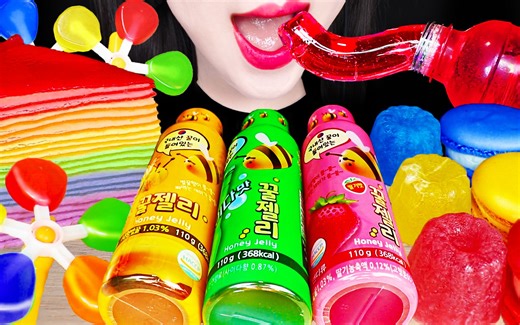 Jane ASMR rainbow crepe cake, honey jelly 吃彩虹 零食 糖