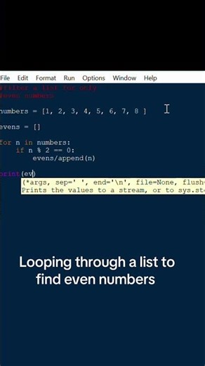 Looping through a list to find even numbers #coding #python #fyp
