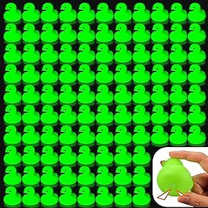 Shappy 100 Pcs Mini Rubber Ducks in Bulk 2'' Green Glow in The Dark Ducks Squeaky Floating Tiny Bathing Toy Bathtub Fluorescent Light up Pool Toys for Desk Home School Room DIY Shower Birthday Party