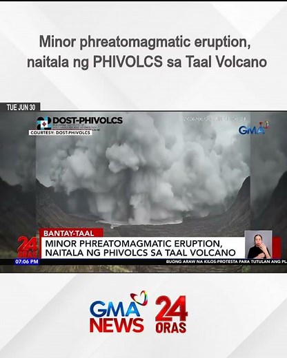 Minor phreatomagmatic eruption, naitala ng PHIVOLCS sa Taal Volcano | 24 Oras