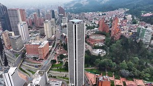 Colpatria Building At Bogota In Capital District Colombia. High Rise Buildings Landscape. Cityscape Background. Bogota At Capital District Colombia. Downtown City. Urban Outdoor.