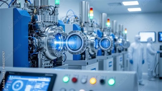 Modern MOCVD reactor modules in a controlled environment producing galliumnitride layers for durable power semiconductor devices.