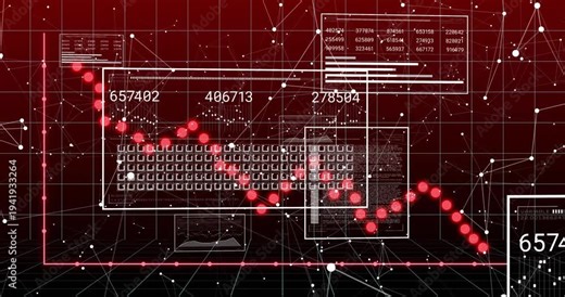 Keyboard panel receiving orb trail from upper left tracing curve updating values showing trends