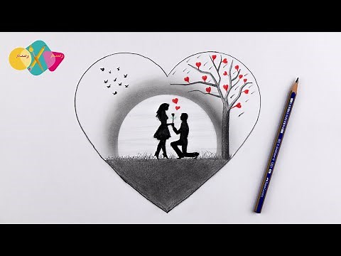 رسم سهل بمناسبة عيد الحب || رسم قلب مع منظر طبيعي سهل كيوت خطوة بخطوة للمبتدئين بالرصاص