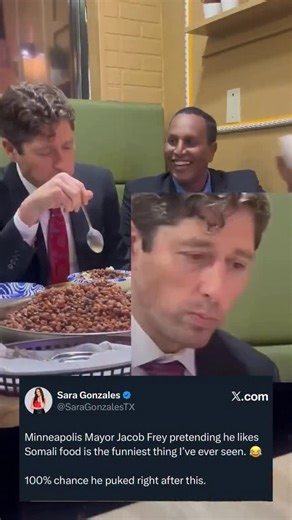 Sara Gonzales on Instagram: "BEST CLIP OF THE WEEK goes to Jacob Frey, who had to cram down Somali slop and pretend he liked it 😂"