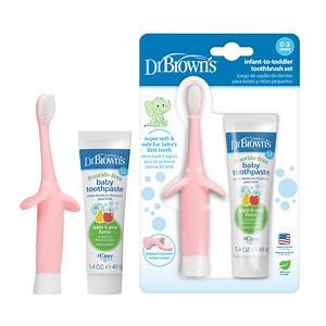 Dr. Brown's Infant to Toddler Training Toothbrush, Pink Elephant Apple Pear Baby Toothpaste, 0-3Y