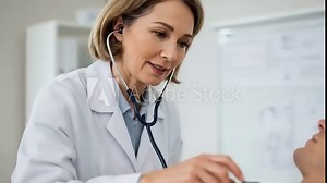 Female doctor examining a male patient with a stethoscope in a modern medical office setting