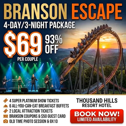 🤩 Imagine a Branson getaway filled with dazzling shows and thrilling attractions– for just $69 Per Couple! This incredible package includes: 🎸4 Super Platinum Show Tickets: Experience the magic of live entertainment with top-rated Branson shows. 🍳 6 All-You-Can-Eat Breakfast Buffets! 🎢2 Tickets to Local Attractions: Explore the wonders of Branson, from thrilling theme parks to stunning natural beauty. 🎟️Branson Coupons & $50 Branson Guest Card Old Time Photo Session with Souvenir Photo! Don