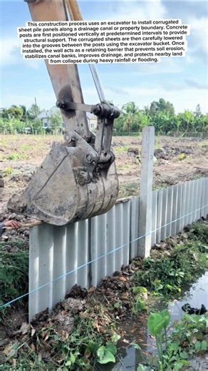 Excavator Installs Corrugated Sheet Pile Retaining Wall in Minutes!