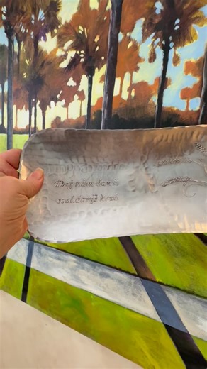 Slovene Language Bread Tray. The inscription translates to “Give us this day our daily bread”. Slovenian. #artzmixdesign #metalart #handmade #grateful #deponceaualuminumcraft #artist #giveusthisdayourdailybread #beautifulmemories #love #religiousgifts | ARTz MIX