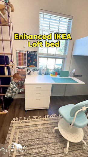 Enhanced IKEA SMASTAD Loft bed by adding wheels and a guiding rail. The desk is now positioned by the window. This lighting setup is more suitable for a child's study sessions. #IKEA SMASTAD Loft bed #kidsroom #kids