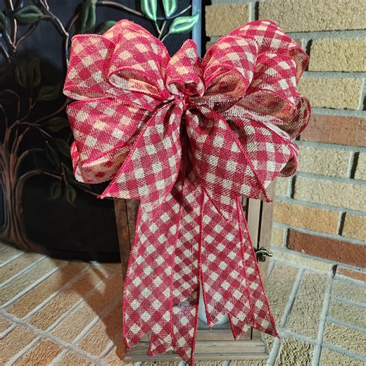 Red Diagonal Check Burlap Bow 12-inch Bow 15-inch Tails - Etsy