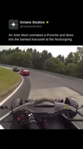 An Ariel Atom overtakes a Porsche and dives into the banked Karussell at the Nurburgring.