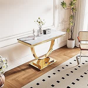 Marble Console Table with O-Shape Stainless Steel Base - Modern Faux Marble Rectangular Entryway Tables, Accent Table for Living Room, Hallway, Entrance - Gold & White