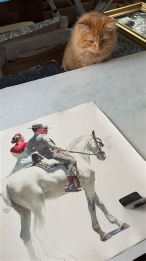 Anna Ivanova🇷🇺 on Instagram: "Tengo un experto muy competente! Trabaja tan mucho para que yo prepare todas las acuarelas para @festival_acuarela_cordoba. I have a really high skilled expert to observe me working in time! What a luck)) doing our best to prepare everything for the watercolor festival @festival_acuarela_cordoba❤️ #feriadeabril #belleza #bella #caballo #sevilla #trianasevilla #purarasaespañola #acuarela #españa #spain #pintura #painting #watercolor #watercolour #retrato #sketch #w