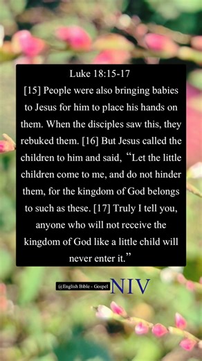 12K views · 664 reactions | Luke 18:15-17 [15] People were also bringing babies to Jesus for him to place his hands on them. When the disciples saw this, they rebuked them. [16] But Jesus called the children to him and said, “Let the little children come to me, and do not hinder them, for the kingdom of God belongs to such as these. [17] Truly I tell you, anyone who will not receive the kingdom of God like a little child will never enter it.” | English Bible - Gospel | Facebook