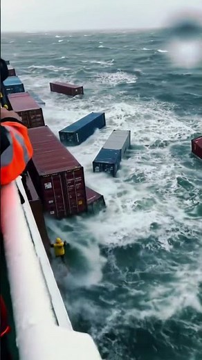Cargo containers swept overboard in rough seas. #CargoShip