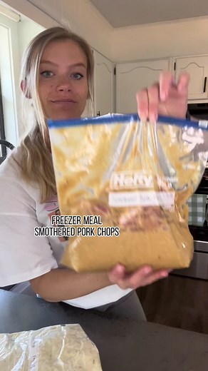 Another freezer meal! Smothered pork chops that I will cook in the crockpot and serve over mashed potatoes. I will that this over night in the fridge before cooking #dinner #recipe #dinnerrecipe #crockpotrecipes #freezermeals #postpartum #pregnant #nesting #mealprep #easydinner #crockpotdinner