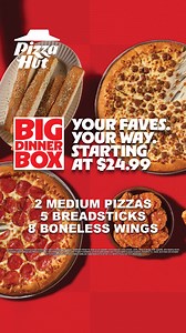 🍕 Big Dinner Box = Big Flavor! Get 2 medium 1-topping pizzas, 5 breadsticks & 8 boneless wings. Order now! | Pizza Hut