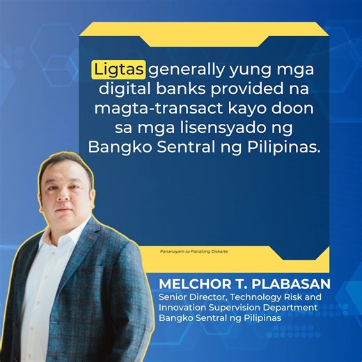 Masusing sinisiyasat ng Bangko Sentral ng Pilipinas (BSP) ang kakayahan ng digital banking applicants bago sila mabigyan ng lisensya upang masigurado na maayos at ligtas ang kanilang mga serbisyo. Ipapaliwanag ni Senior Director Melchor T. Plabasan ng BSP Technology Risk and Innovation Supervision Department ang mga batayan ng BSP sa pagbibigay ng lisensya sa isang digital bank. Panoorin ang buong panayam sa Panalong Diskarte ng DWPM Radyo 630 sa link na ito: https://bit.ly/DigitalBankDWPM #Digi