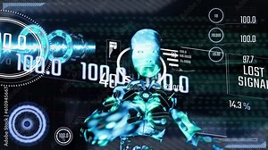 artificial intelligence typing on virtual keyboard. Robot take human jobs and futuristic user interface graphic overlay