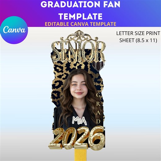 Leopard Graduation Fan Template, Gold Senior 2026 Custom Photo Fan, Cheetah Print Grad Favors, Class of 2026 Party Decor Canva - Etsy