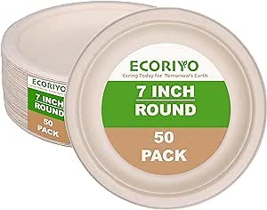 Compostable Plates - 7 Inch Heavy Duty, 50-Pack from Sugarcane - Biodegradable Disposable Dessert Plates