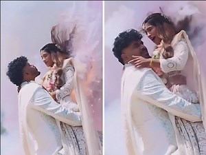 Color bomb explodes on bride during wedding shoot