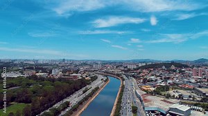 Downtown Sao Paulo Brazil. Cityscape of famous Tiete highway road. Enterprise buildings offices at downtown district. Business travel. Financial centre.