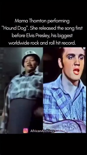 Big Mama Thornton performing “Hound Dog”. She released the song first in 1953 before Elvis Presley (1956), his biggest worldwide rock and roll hit record. Thornton was a blues singer who helped shape the sound of Rock&Roll. She released the song “Hound Dog” in 1953 and it sold two million records and went #1 on the R&B charts. Unfortunately Thornton only received about $500 from those profits. | African and Black History AfricanArchives