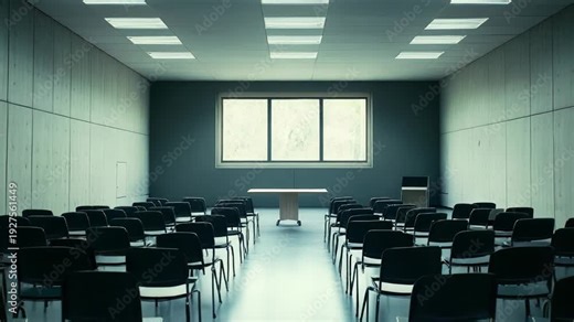 Rows of empty chairs arranging a modern lecture hall or conference room, providing a spacious interior setup for education, business, or event presentations