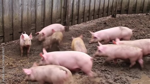 Curious piglets explore muddy enclosure, snorting, running, investigating new habitat