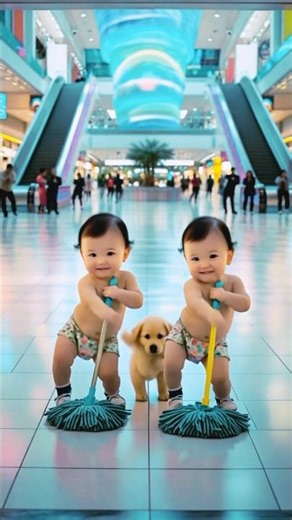Twin Babies & Puppy Cutest Dance in Mall while Cleaning | Funny Baby Videos